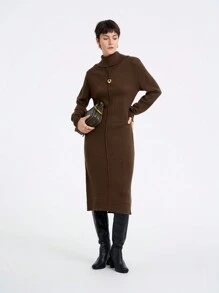 Aalyst Women's Plain High Neck Long Sleeve Fitted Sweater Dress