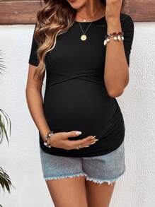 SHEIN Plain Color Crew Neck Short Sleeve Slim-Fit Casual Maternity Wear Nursing Tee - Black - View 4