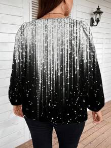 SHEIN Clasi Blusa holgada casual con cuello de ojal, mangas farol y patrón brillante, adecuada para otoño/invierno, talla grande