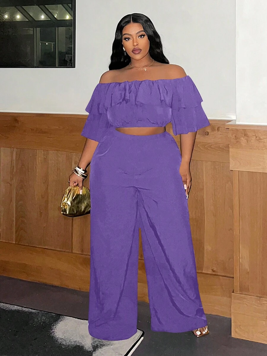 Slaydiva Casual Basic Off-Shoulder Ruffle Top And Wide-Leg Pants Women Plus Size Set - Purple - View 1