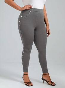 SHEIN Clasi Plus Size Slant Pocket Pearls Beaded Skinny Pants - Grey - View 4