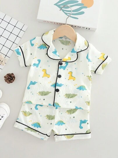 SHEIN 2 件装幼儿男童休闲恐龙印花短袖上衣和短裤家居套装，舒适