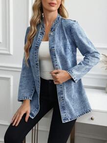 SHEIN LUNE Women Front Button Long Sleeve Simple Denim Jacket, Casual Daily Wear - Blue - View 4