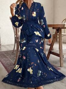 Vestido largo informal de manga larga con parches de encaje para tallas grandes - Azul Marino - Ver 4
