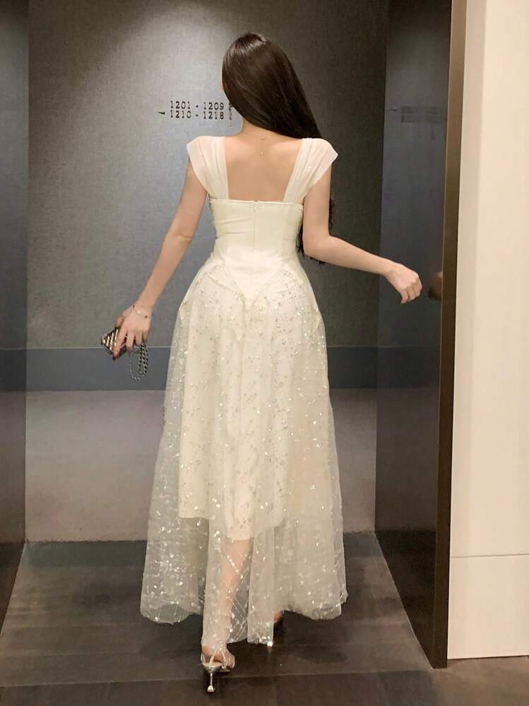 DAZY Elegante vestido largo sin mangas con parches de lentejuelas para mujeres, vestido de fiesta de verano, vestido de lujo - Albaricoque - Añade 2