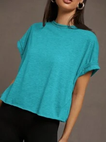 SHEIN Essnce 女士纯色圆领露背短袖休闲 T 恤 - 青碧色 - 查看 6