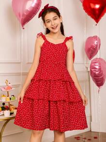 SHEIN 1 pieza Vestido elegante de estilo pastel con estampado floral rojo y tirantes para niñas preadolescentes de estilo casual y moderno, juegos de ropa a juego familiar (se venden por separado 2 piezas)