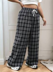 CovetEZ Pantalones holgados de talla grande para mujer con cordón en la cintura y estampado de cuadros, aptos para otoño/invierno