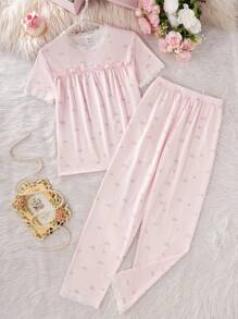 2pcs/Set Girls Loose Comfortable Floral Trim Short Sleeve Top And Pants Casual Homewear Set Cute Pajamas, Little Girl's Pajamas, Floral Style Summer Kids Young Girls Clothing Sets Short Sleeve Young Girls Pajamas Young Girl Easter Little Girls Sets