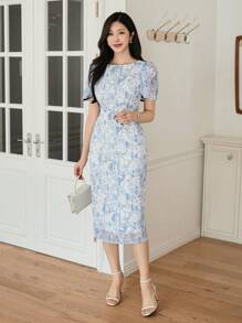 Wynsel Vestido midi con volantes y estampado floral elegante para mujer, vestido de verano, vestido para boda - Azul - Ver 5