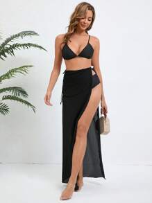 Swim Lushoire Elegante vakantie strandcover-up voor dames met textuur en effen kleur, split en parelversiering, zomer