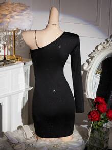 EgrlEra 露背单肩紧身闪光性感派对礼服 - 黑色 - 查看 2