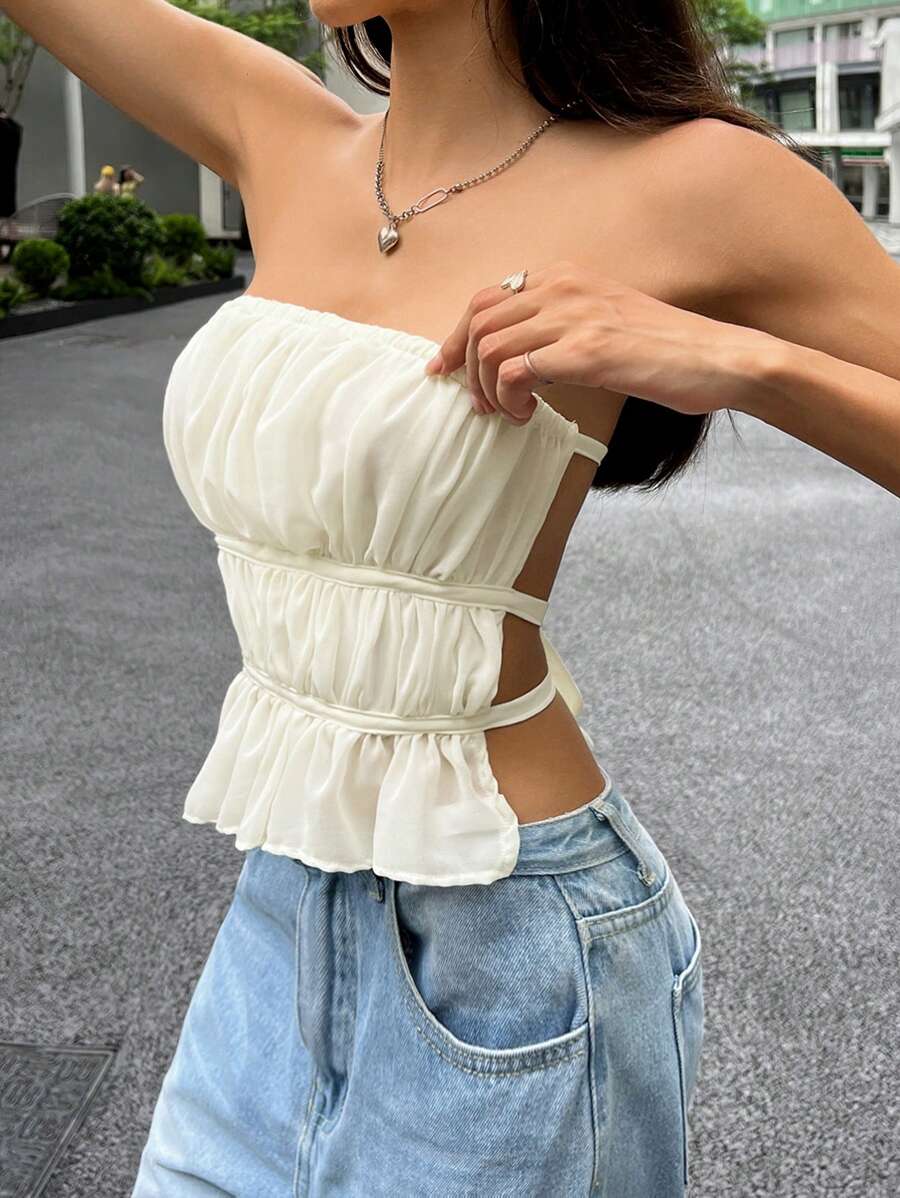 SHEIN EZwear Strapless Back Tie Bowknot And Ruffle Hem Simple Top For Summer Casual Holiday - Apricot - View 1