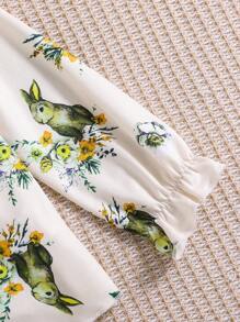 SHEIN Young Girl' Cute Bunny Print Ruffle Lantern Sleeve Top And Bowknot Pants 2 Pieces Pajamas Set - Multicolor - View 3