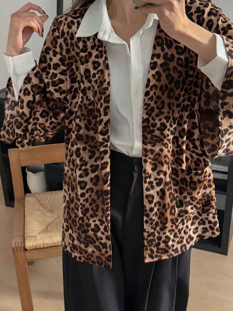 Loose Casual Leopard Print Women's Long Sleeve Pocket Shirt Cheetah Print