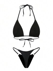 Swim SXY Summer New Women Sexy Black Hollow Out Micro Triangle Halter Neck Thong Bikini Set - Black - View 2