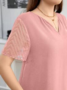 SHEIN Clasi 大码女式纯色 V 领网眼短袖休闲连衣裙 - 粉色 - 查看 6