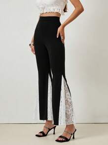 Chiquease Women Elegant Slim Fit Flared Pants With Ruffled Lace Detail, Suitable For Spring & Autumn Fall Cloth For Women - Black - View 4