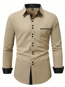 Manfinity Mode Men's Casual Formal Shirt, Simple And Fashionable For Everyday Wear, For Fall, Long Sleeve Top, Ceremony - Khaki - View 3