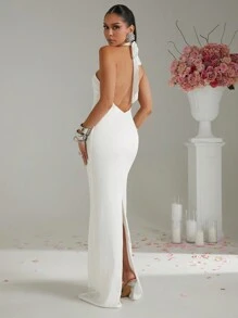 Lumalex Women's Floral Rhinestone Beaded Halter Neck Maxi Bodycon Mermaid Dress - White - View 2