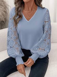 SHEIN Clasi Winter And Fall Elegant Women's White V-Neck Long Sleeve Splicing Hollow Lace Sleeve Hollow Out Blouse