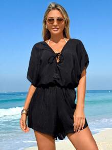 Swim Vcay Summer Outfits For Women 1pc Women's Leisure Vacation V-Neck Tie-Up Elasticated Waist Jumpsuit Romper Summer