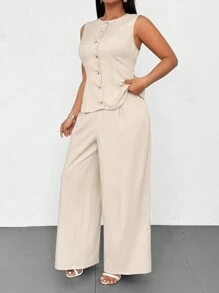 Celure 1 Set Plus Size Women Elegant Sleeveless Round Neck Blouse And Straight Leg Pants, 2 Pieces Set