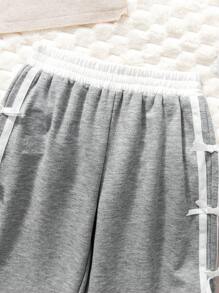 SHEIN Girls Young Girl Casual Comfortable Knitted Solid Color Splicing Herringbone Side Ribbon Bow Decor Pants - Light Grey - View 6
