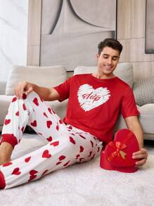 2 件男士红色心形设计家居服套装，情人节服装，可作为礼物 - 彩色 - 查看 4
