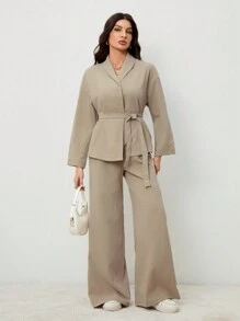 SHEIN Tall 优雅休闲度假/通勤女士领口系带宽松紧身衣搭配高腰软裤，适合秋季和夏季 - 卡其色 - 查看 4