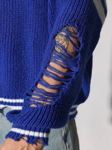 SUMWON Premium Varsity Letter V-Neck Sweater College Style Distressed Knit Pullover Casual Wear Winter Fall Fashion Loose Fit Ribbed Trim Oversized S Letter - Blue - View 6