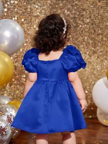 SHEIN Babygirl Ruffled Puff Sleeve Knitted Dress With 3D Floral Decor, Suitable For Party, Baby Shower