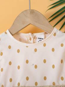 SHEIN Baby Girl Elegant Polka Dot Ruffle Sleeve Tee And Pants Set With Gold Sash, Chic And Style For Spring/Summer - Apricot - View 4