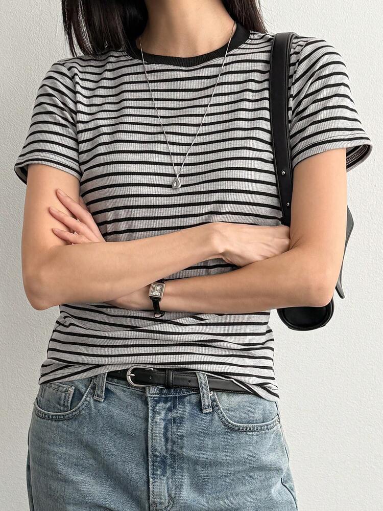 Women Summer New Striped Round Neck Casual Business Short Sleeve T-Shirt