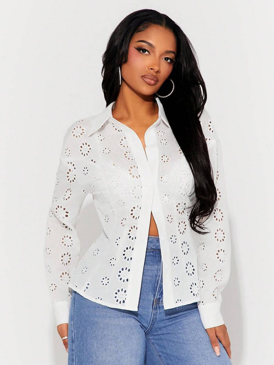 SHEIN SXY Boho White Linen Eyelet Embroidery Long Sleeve Shirt, Spring/Summer Holiday Wear - White - View 1