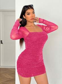 SHEIN EZwear Plus Size Semi-Sheer Mesh Fuchsia Dress