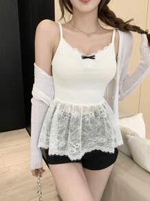 DAZY 夏季新款女式蕾丝拼接网眼多层白色吊带背心 - 白色 - 查看 8