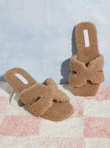 Mini mi All-Time Bestseller Girls' Soft Cozy Warm Plush Luxe-Inspired Harness Cutout Open Toe Fleece Taupe Slide Slippers - Dusty Pink - View 2
