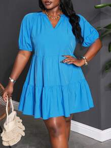 Slaydiva 宽松纯色灯笼袖 A 字形荷叶边下摆大码女式连衣裙，休闲度假风格，春夏