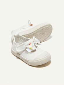 Cozy Pixies 1 Pair Girls Bowknot White Canvas Hook And Loop Flat Fashionable Casual Design Simple Cute Comfortable Sneakers, Suitable For Everyday Wear - White - View 4