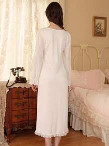 Lace Trim Bow Decor Women's Nightgown Babydoll Holiday Season - White - View 2