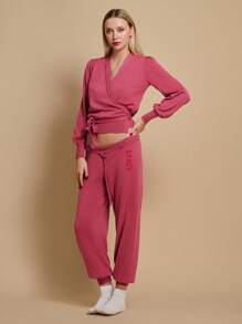 TryMe Women Lace-Up Long Sleeve Casual Top And Pants Set - Hot Pink - View 5