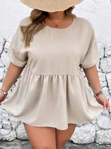 SHEIN CURVE+ Plus Size Women's Summer Solid Color Round Neck Bat Sleeve Loose Shirt With Ruffled Hem Boho Vacation - Apricot - View 7