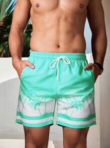 Surfspeed 男式抽绳腰部棕榈树印花口袋沙滩短裤 - 薄荷綠 - 查看 1