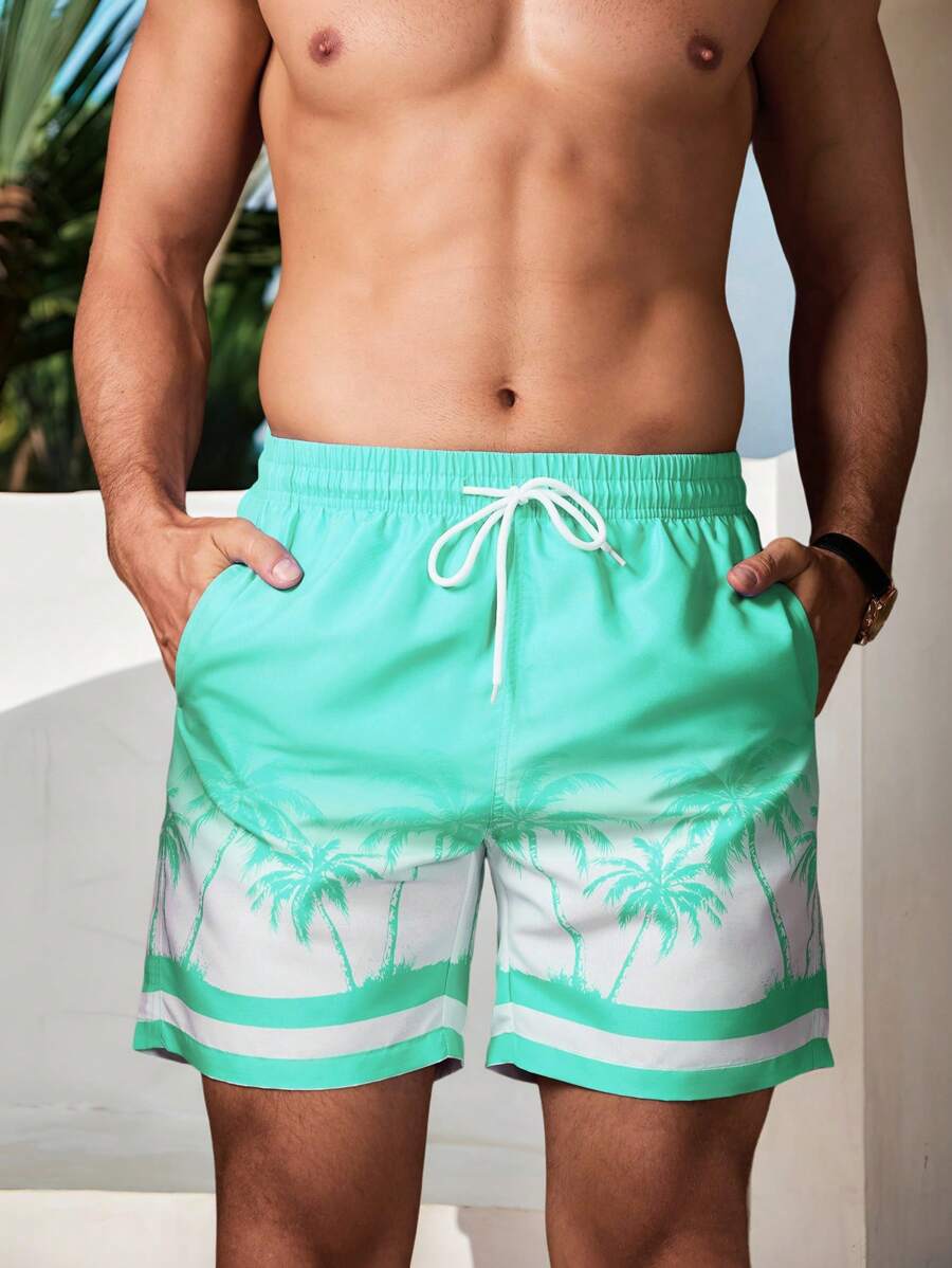 Surfspeed 男式抽绳腰部棕榈树印花口袋沙滩短裤 - 薄荷綠 - 查看 1