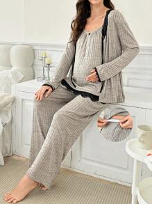 SHEIN 3-Piece Maternity Sleepwear Set: Contrast Color Lace Knit Camisole Pants And Open Front Long Sleeve Cardigan