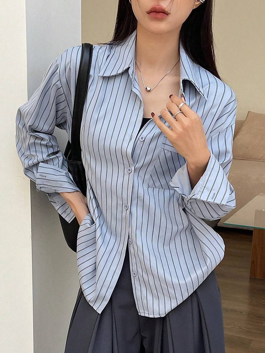 DAZY 条纹落肩宽松口袋女式衬衫长袖上衣
