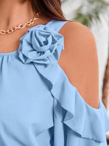 Vionelle Plus Cold Shoulder Ruffle Trim Blouse For Summer For New Year Clothes - Blue - View 7