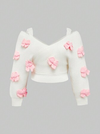 Kawaii Maglione oversize da donna con scollo profondo a V, spalle scoperte, con fiocco e pizzo, sexy e morbido