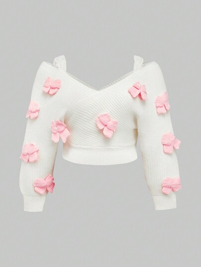 Kawaii Pull surdimensionné pour femmes, ample, sexy, en dentelle, avec nœud papillon, avec décolleté en V profond et épaules dénudées